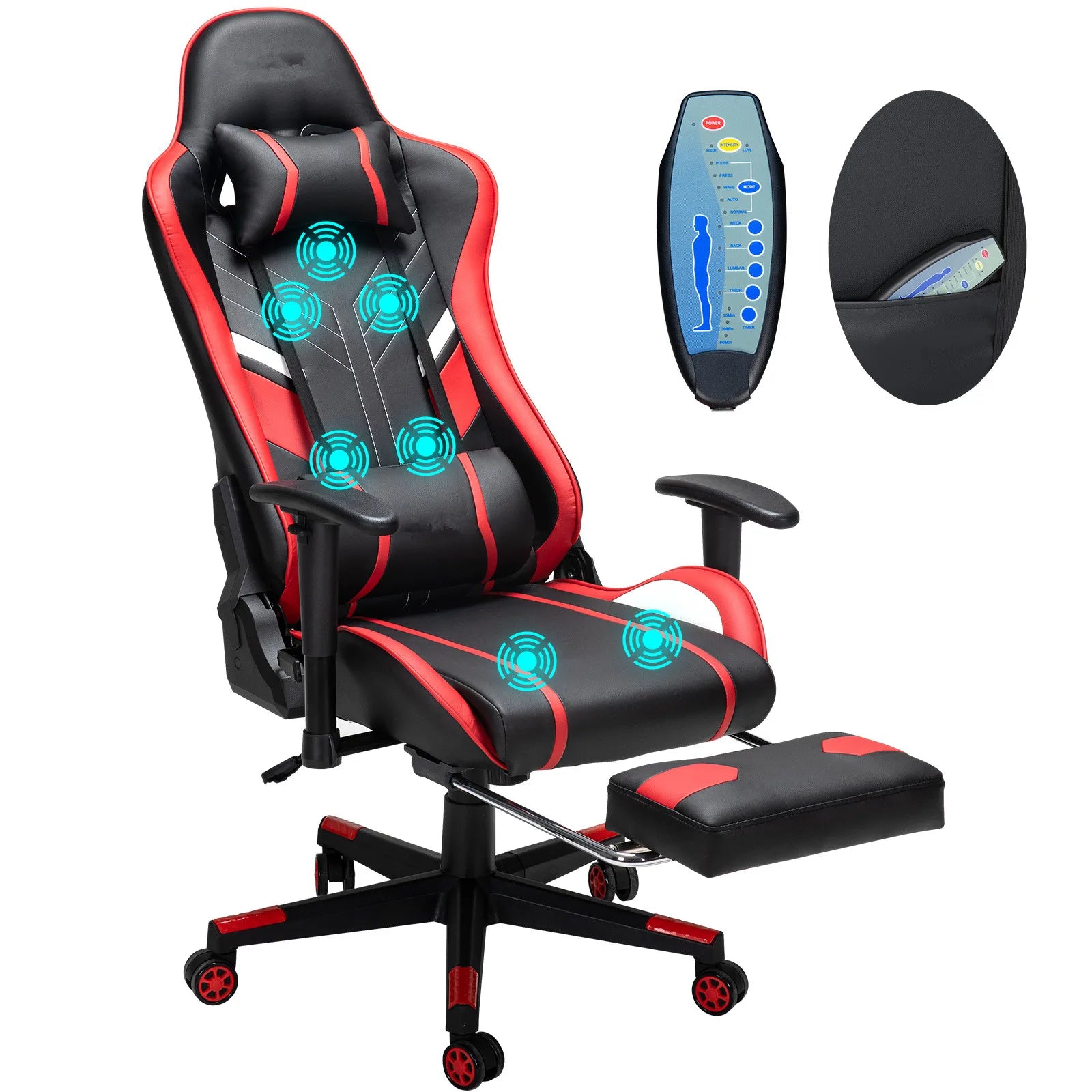 Gamingstoel – Bureaustoel – Office Chair – Gamestoel – Stoel Met Massagefunctie – Ergonomisch Design – Verstelbare Rugleuning Tot 175° - Zwart & Red - QUORE