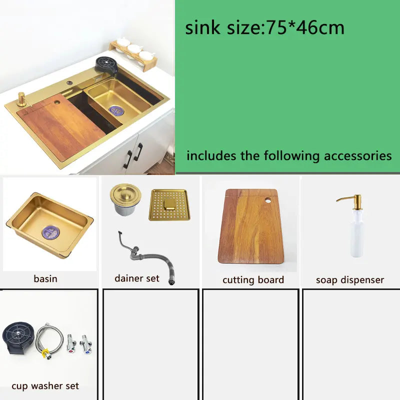 gold Waterfall faucet kichen sink Nano sink 304 Stainless Steel Golden Topmount Single Bowl Wash Basin 4 function kitchen faucet