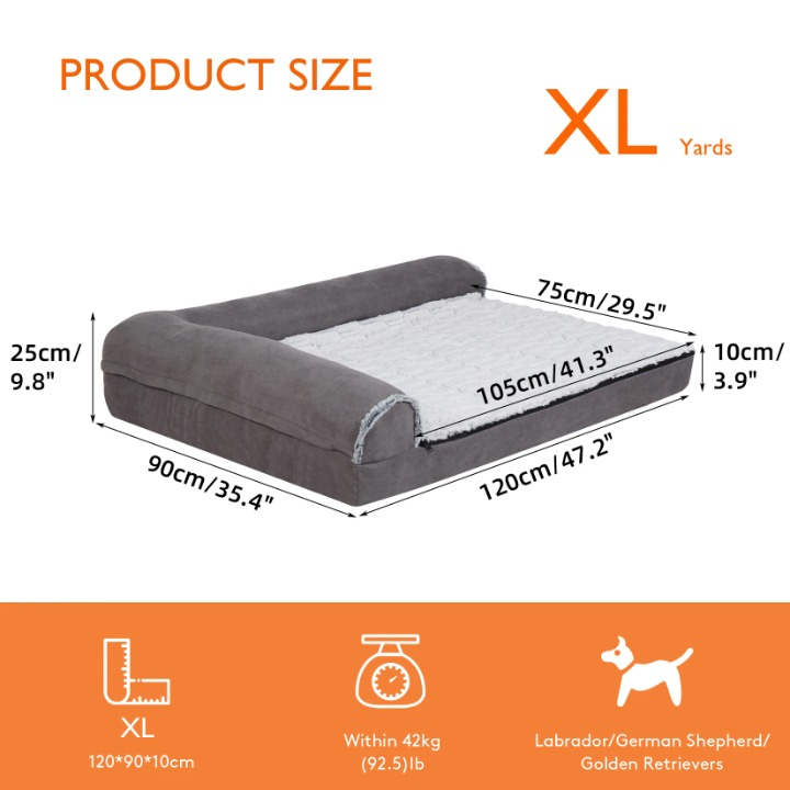 Hondenbed - Hondenbank - Bolster Hondensofa -Slaapbank - Pet Bed - Orthopedische - L-Vorm - Met Afneembare Wasbare Hoes - 100% Katoen - XL - 120 x 90 x 25 cm - Grijs - QUORE