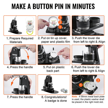 Button Maker - Buttonmachine - Pin Maker - Badge Maker Machine - 32mm & 58mm om Zelf Buttons te Maken - met 500 Gratis Onderdelen - Knopenmakermachine -Zwart