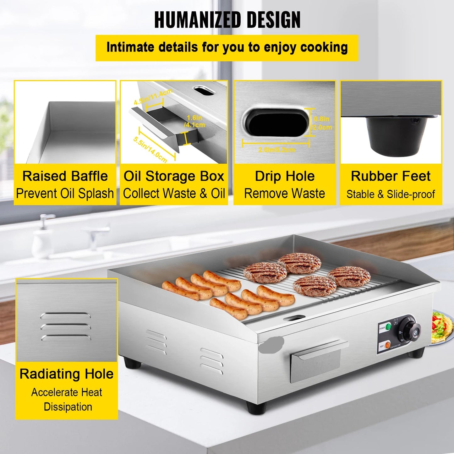 Elektrische Grillplaat - 2000W – Grillplaat - Teppanyaki Grill - Roestvrij Staal – 50-300°C Temperatuurregeling – 14 inch - Voor Horeca -en Thuisgebruik - Ruim Bakoppervlak