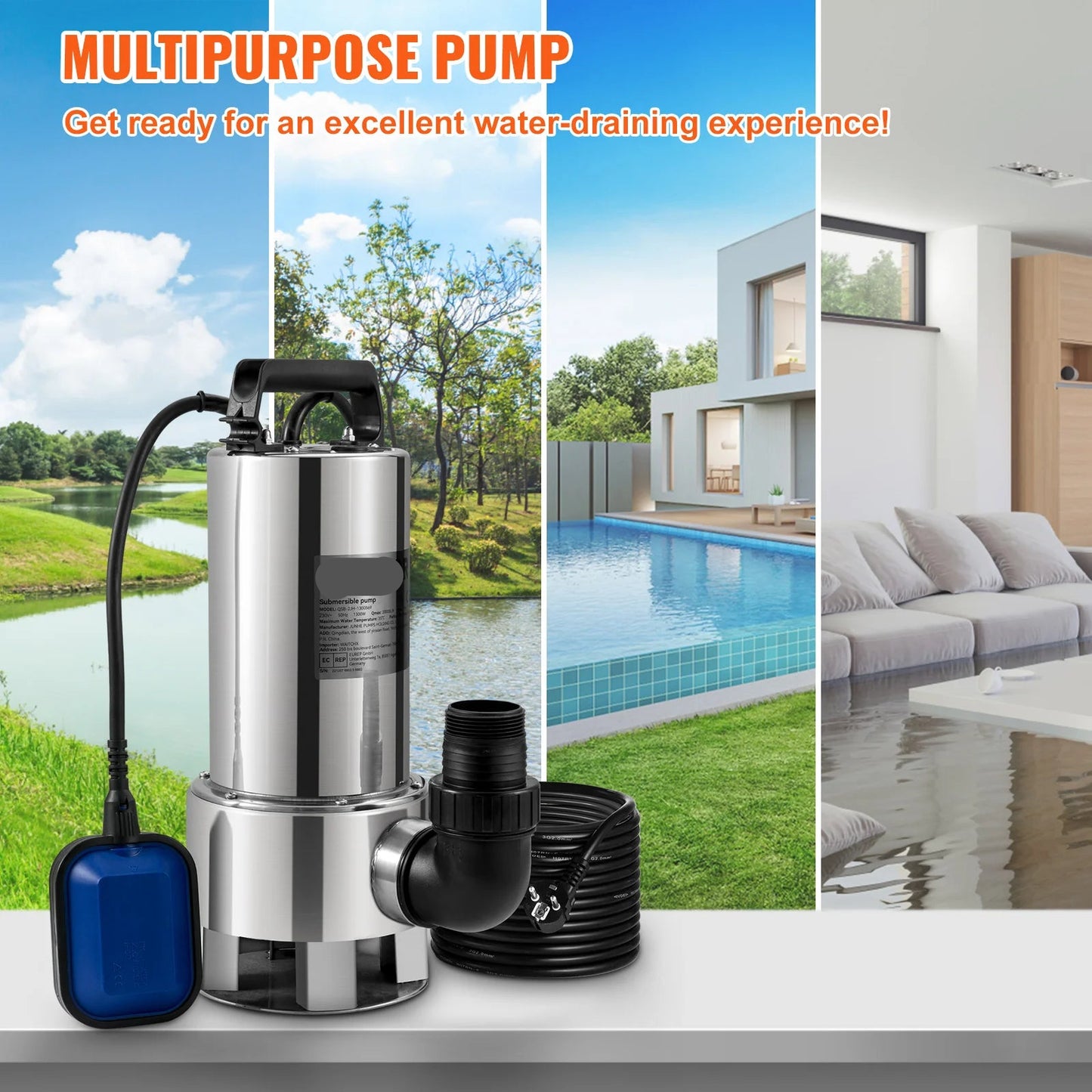 Dompelpomp - Waterpomp - Pomp - Vuilwaterpomp - 1300W - RVS - 20000L/H - met 10 Meter Snoer - voor Kelder, Zwembad en Vijver