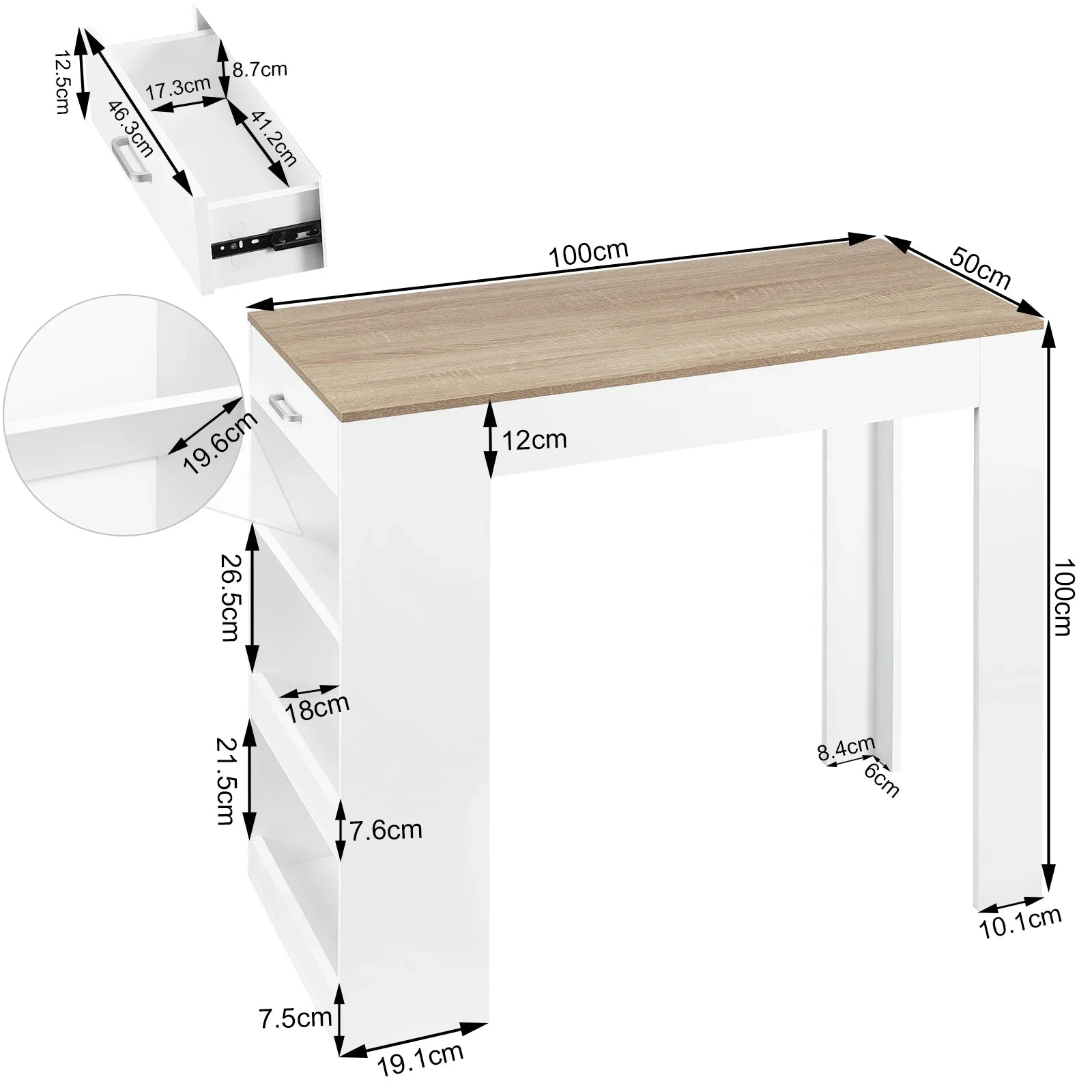 Bartafel - Keukentafel - Bar - Hoge tafel - 1 lade - 3 planken - Hout -  100x100x50cm - Wit - QUORE