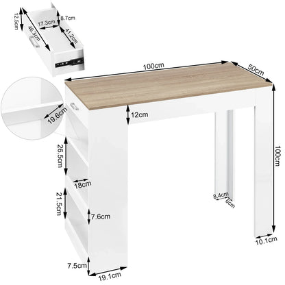 Bartafel - Keukentafel - Bar - Hoge tafel - 1 lade - 3 planken - Hout -  100x100x50cm - Wit - QUORE