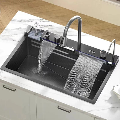 RVS Keukenspoelbak – Spoelbak RVS – Spoelbak Inbouw – Spoelbak Groot – Keukenspoelbak Één Bak – Digitale Watervalkraan – 75x45 cm Groot - QUORE