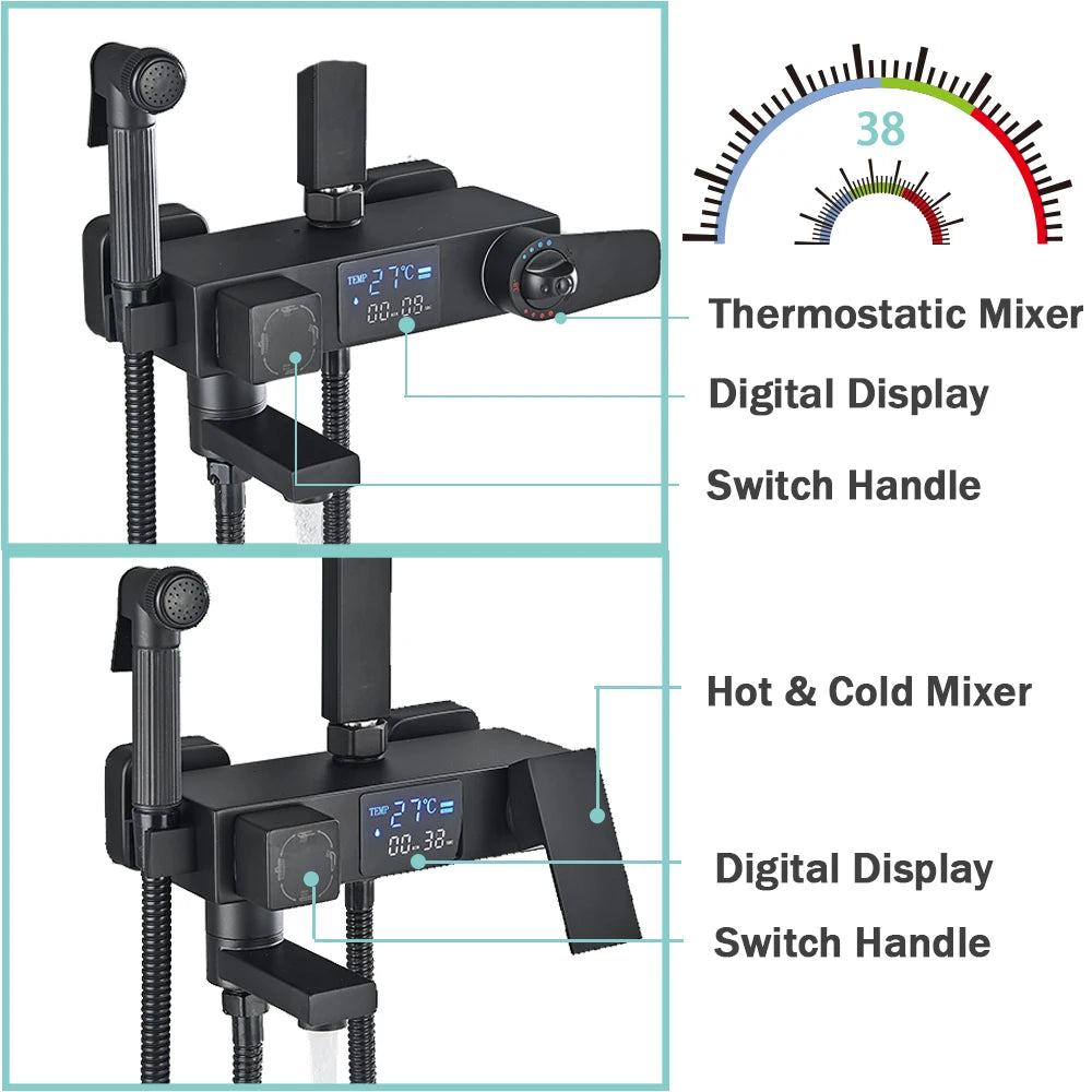 Douchekraan - Douchepaneel - Douche - Regendouches - 4-Wegs Regendouchesysteem met Plank en Bidetfunctie - Chroom Digitale Display Thermostatische