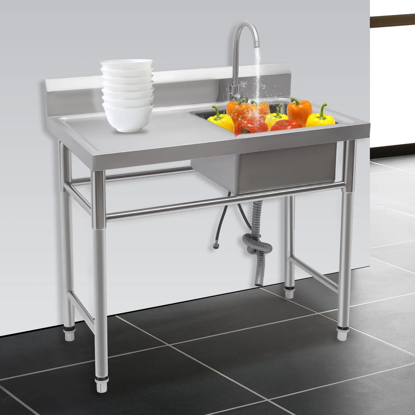 Vrijstaande Spoelbak – RVS Spoelbak – Tuinspoelbak – Werkspoelbak – Ruim 100x60x93 Cm – 360° Draaibare Kraan