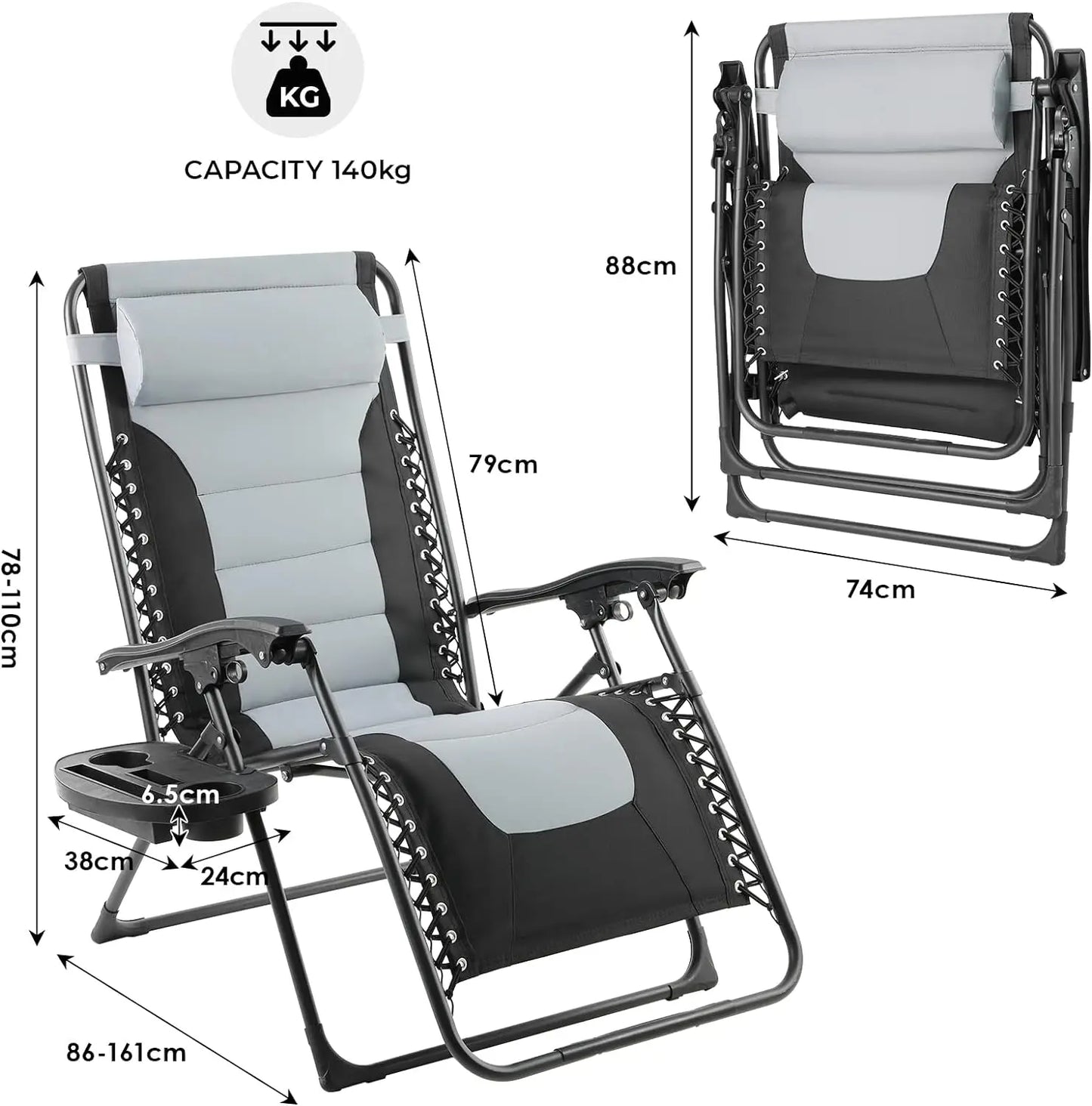 Ligstoel Tuin - Opvouwbare - Relaxstoel - Tuinstoel - Campingstoel - Draagvermogen 160kg - Verstelbare Rugleuning - en Voetensteun - 2 Stuk - Grijs