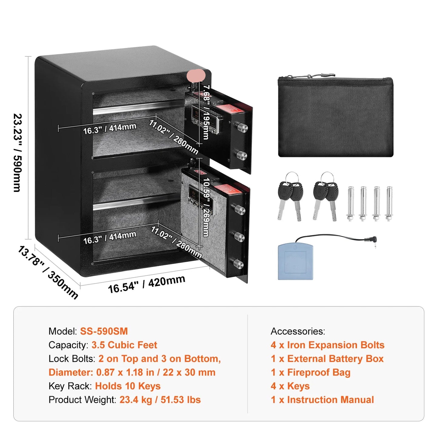 Veiligheidskluis - Kluis - Sleutelkluis - Sleutelkastje - 3.5CU.FT - met Dubbele Toegang– Sleutel & Wachtwoord -  Brandwerende Opbergbox met LED & Sleutelrek