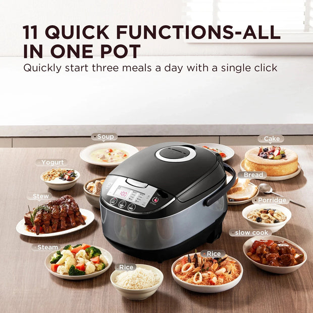 Rijstkoker met Stomer - met Opwarmende Functie - 11 functies - Slowcooker - Rice Cooker - Warmhoudfunctie - 5 tot 6 Personen - RVS - Multi Cooker - Anti-aanbaklaag binnenpan - ‎Geborsteld zwart