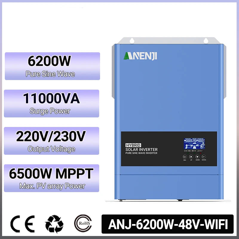 Hybride Solar Omvormer – Zonne-energie Omvormer – Zonnepaneel Omvormer – Off-Grid Omvormer – On-Grid Omvormer – 6,2 kW Vermogen – Ingebouwde MPPT Laadregelaar