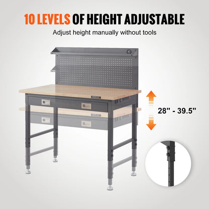Verstelbare Werkbank - Werktafel - Industriële Werkbank - Garage Werkbank - 48x24 Inch - 2000lbs - Massief Houten - met LED Verlichting - Stopcontacten - USB & Opberghaakjes - Hoogte Instelbaar - Garage & Werkplaats