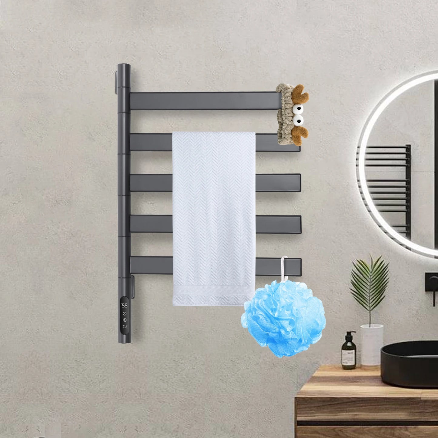 Elektrische Handdoekradiator – Handdoekdroger – Elektrische Radiator – Wandradiator – Towel Warmer – Grijs – 5 Draaibare Stangen – LED Touchscreen Met Timer