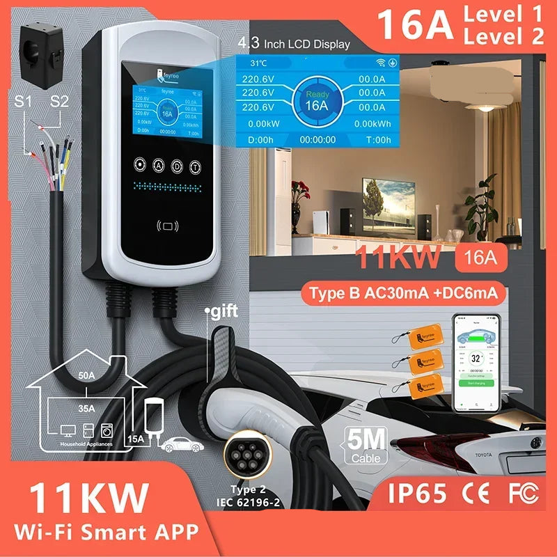 Laadpaal – Wallbox – Thuislader – EV Oplader – Slim Laden – IP65 Waterdicht – 11KW - 16A - 3 phase - Type 2 - QUORE