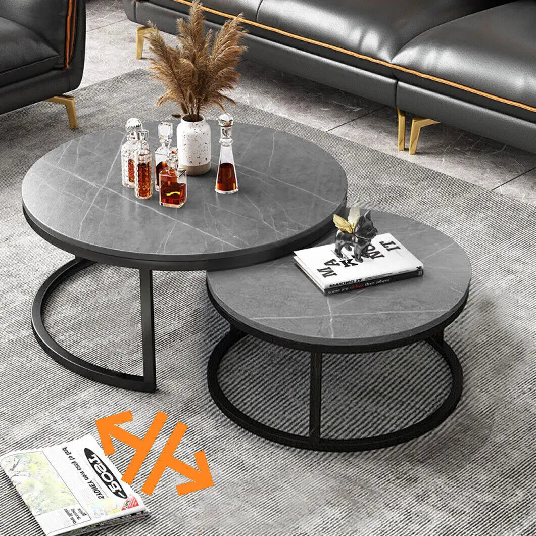Tafel - Salontafel - Moderne Stijl - Set van 2 - Nesting Ronde Salontafel - Marmer - Sintered Stone Tafelblad - Metalen Poten – Ruimtebesparend - Woonkamer Meubel - Grotetafel 80x45cm - Kleintafel 60x40cm - Donkergrijs - QUORE