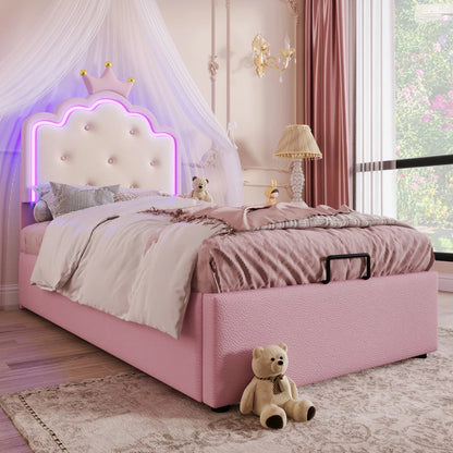 Bedframe 90x200 CM – Kinderbed – Opbergbed – Slaapbank – Led Verlichting – Zacht Roze PU Materiaal – Hydraulische Opbergruimte – Inclusief Lattenbodem – Afstandsbediening Ambient Lighting