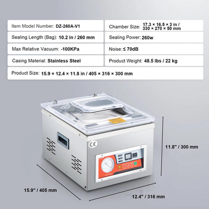 Vacumeermachine - Vacuümverpakkingsmachine - Vacuümmachines - Kamermodel Vacuümsealer - 260W - met 15,7" Seallengte - Commerciële - Foodsaver - Seal Apparaat - voor Nat Voedsel, Vlees en Marinades - QUORE