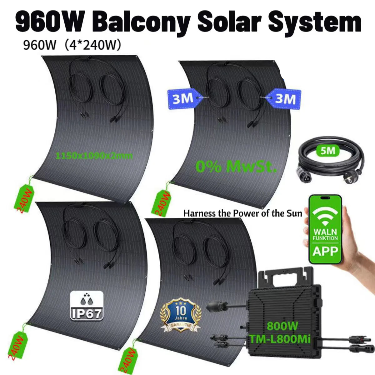 Flexibele Zonnepanelen – Zonne-energiepanelen – Lichtgewicht Zonnepanelen – Weerbestendige Panelen – 240W Vermogen – IP67 Waterdicht