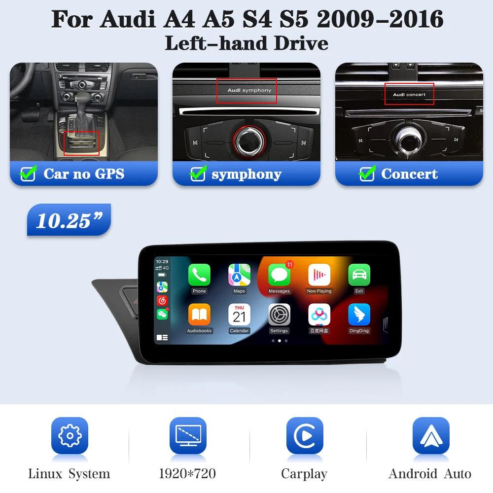 Multimedia-Eenheid Audi B8 – Touchscreen Navigatie Unit – Auto Radio – Infotainmentsysteem – Dashboard Scherm – 10,25 Inch Display – Draadloze Apple CarPlay & Android Auto