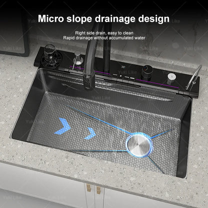 New Waterfall Kitchen Sink Stainless Steel Multi-function Large Single Slot Integrated Digital Display Wash Basin