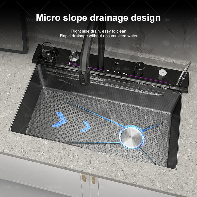 New Waterfall Kitchen Sink Stainless Steel Multi-function Large Single Slot Integrated Digital Display Wash Basin