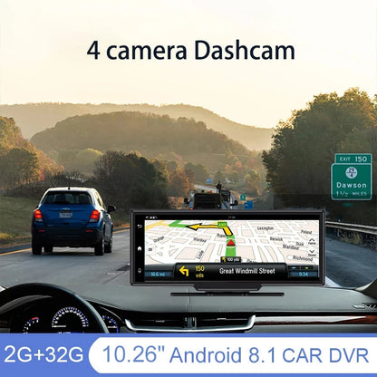 Dashcam voor Auto - 10.26” Touchscreen Dashcam - 4 Camera’s - 4G Android 8.1 - 360° Panorama - GPS & ADAS - Parkeermodus - Zwart