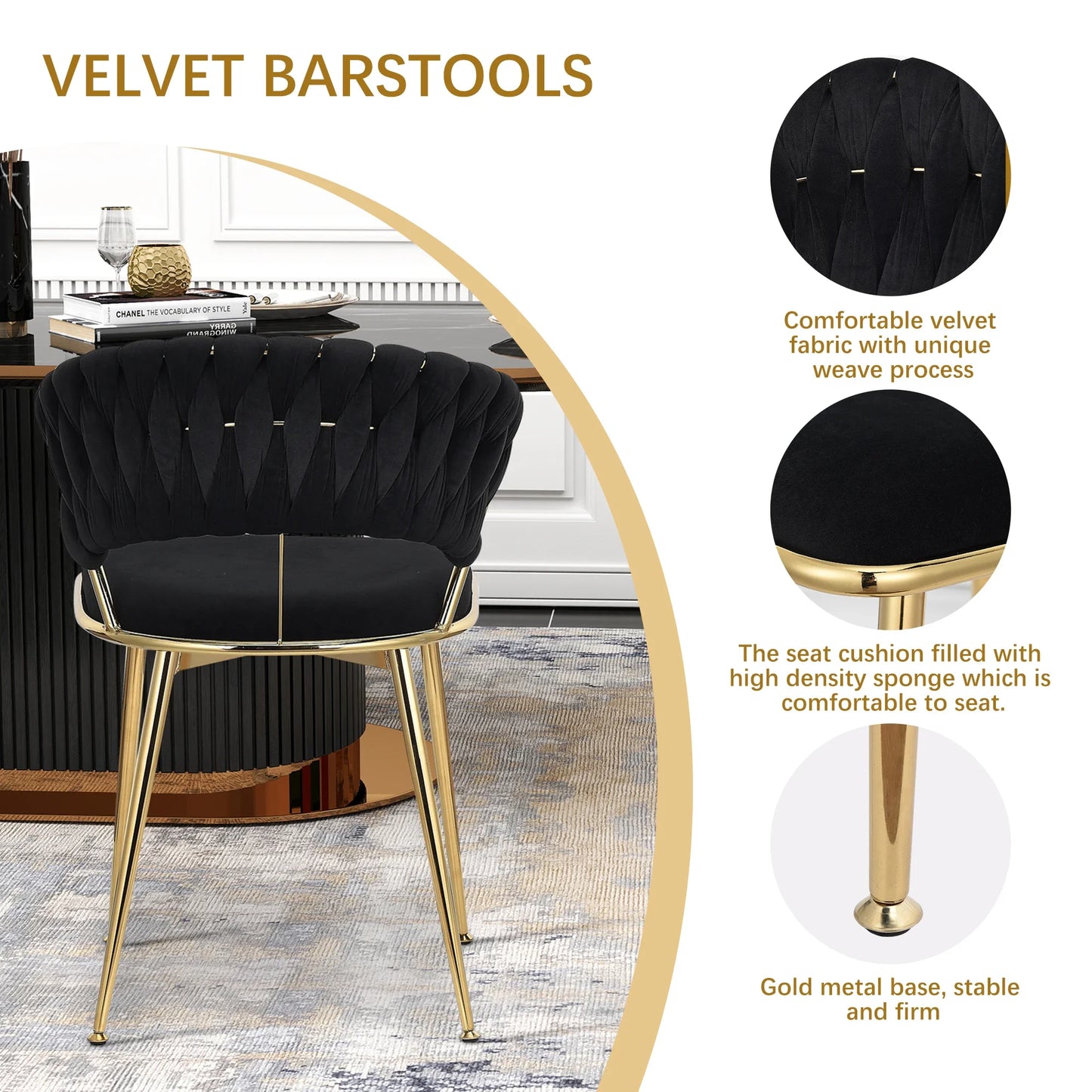 Eetkamerstoelen – Stoelen – Velvet Stoelen – Zwarte Stoelen – Set van 2 – Comfortabele Zitting – Stabiele Metalen Poot