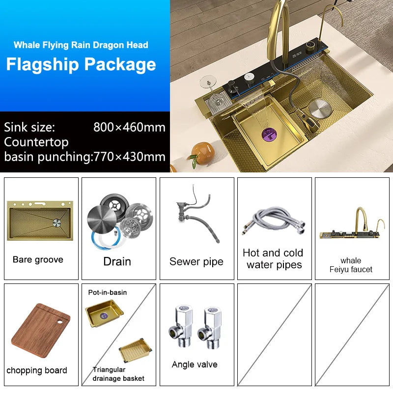 Stainless Steel Kitchen Sink With Waterfall Single Bowl Digital Display Extra Large Slot Multifunctional Washing Sinks