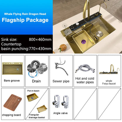 Stainless Steel Kitchen Sink With Waterfall Single Bowl Digital Display Extra Large Slot Multifunctional Washing Sinks