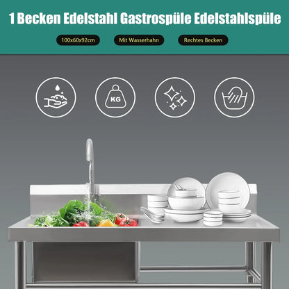 RVS Spoeltafel – Roestvrijstalen Werktafel – Industriële Wasbak – Keukentafel RVS – Vaatsteen RVS – Duurzaam 201 RVS – 360° Draaibare Kraan – Extra Diep Bassin 100x60x93 cm