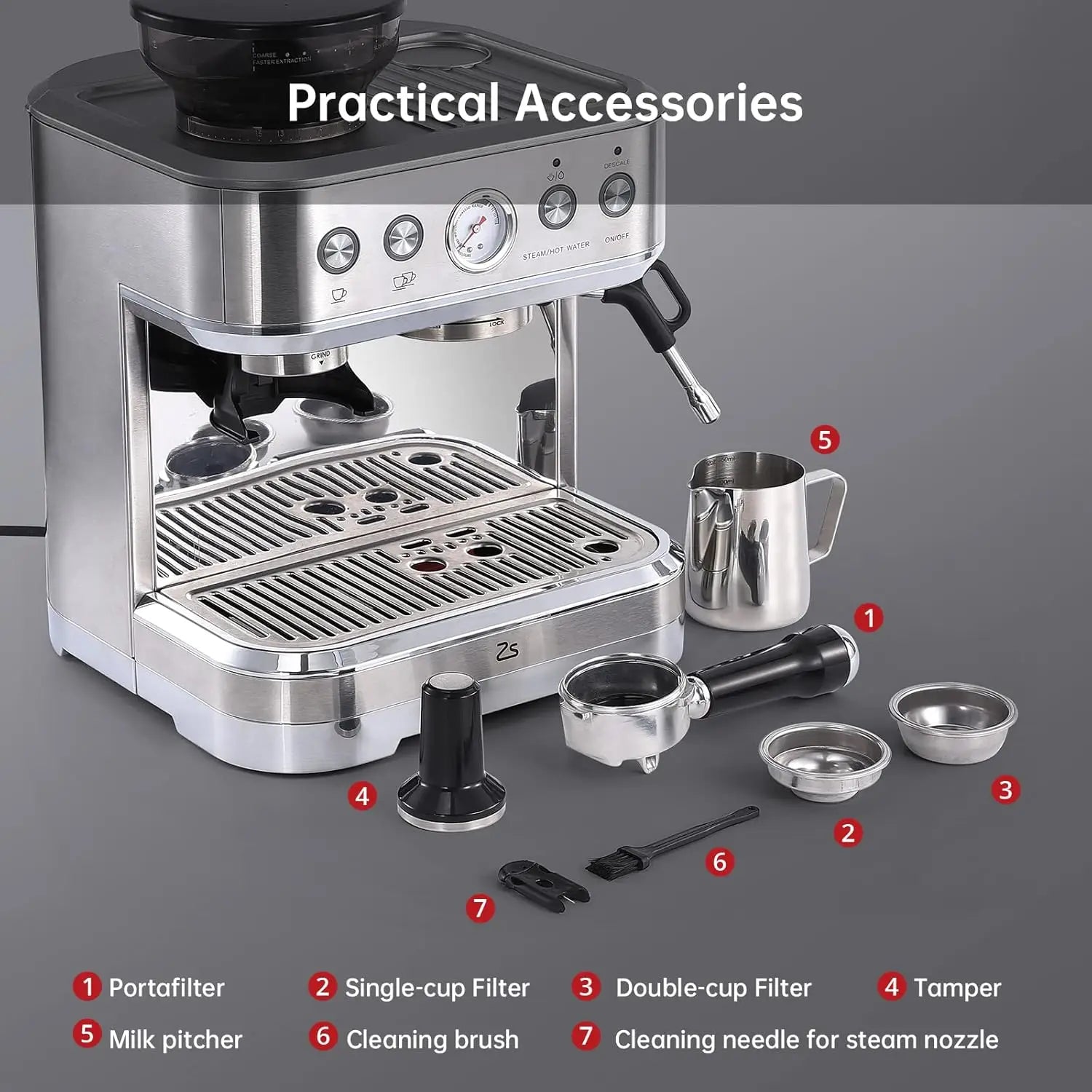 Espressomachine – Koffiemachine – Espressoapparaat – Barista Machine – 15 Maalstanden – 15 Bar Pomp – Stoompijp Voor Melkopschuiming - QUORE