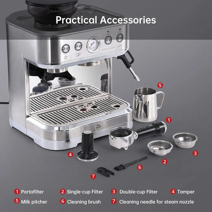 Espressomachine – Koffiemachine – Espressoapparaat – Barista Machine – 15 Maalstanden – 15 Bar Pomp – Stoompijp Voor Melkopschuiming - QUORE