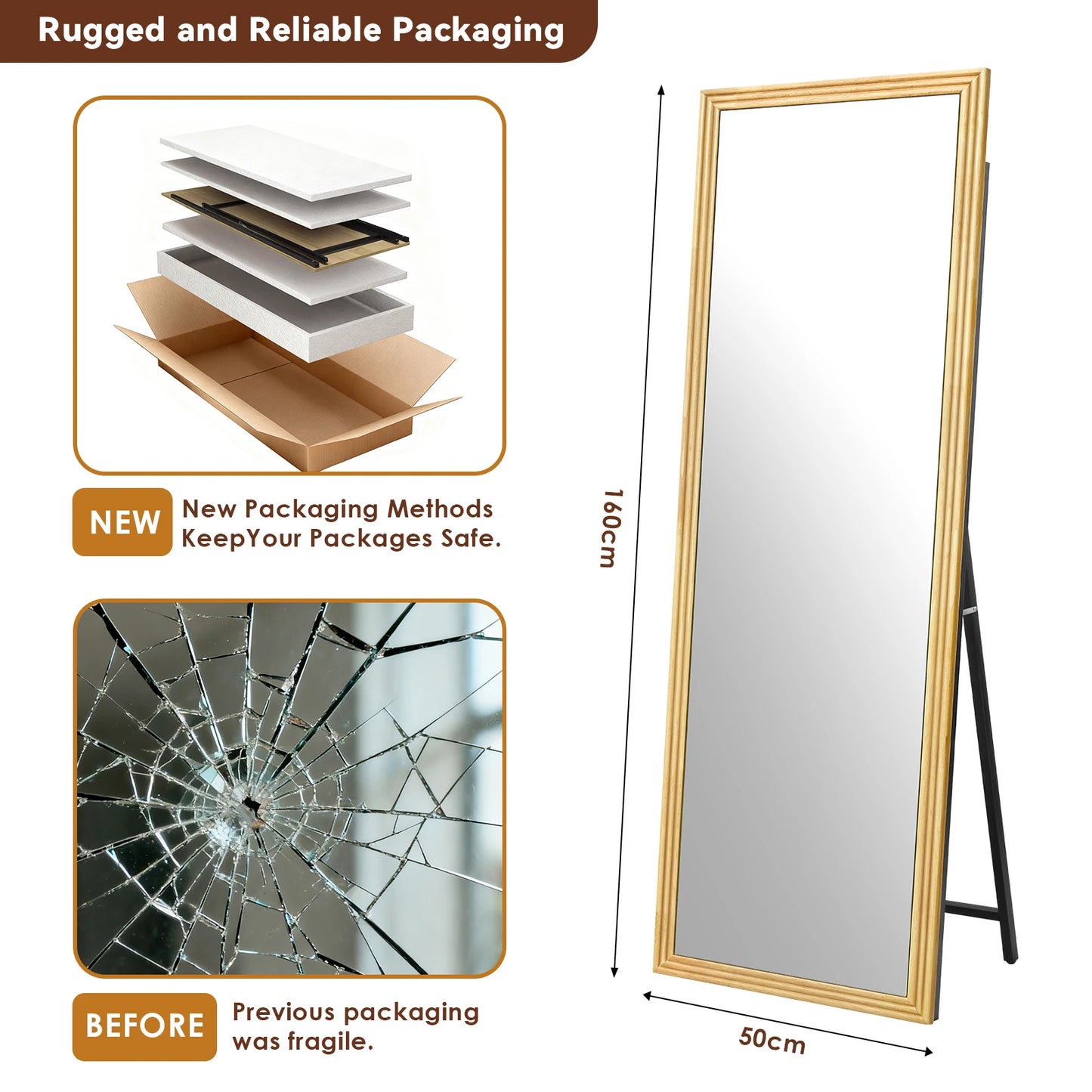 Volle Lengte Spiegel – Staande Spiegel – Wandspiegel – Kleedkamerspiegel – Massief Houten Spiegel – 160x50 cm – Robuust Massief Houten Frame – Heldere Kristalheldere Reflectie – Zwart