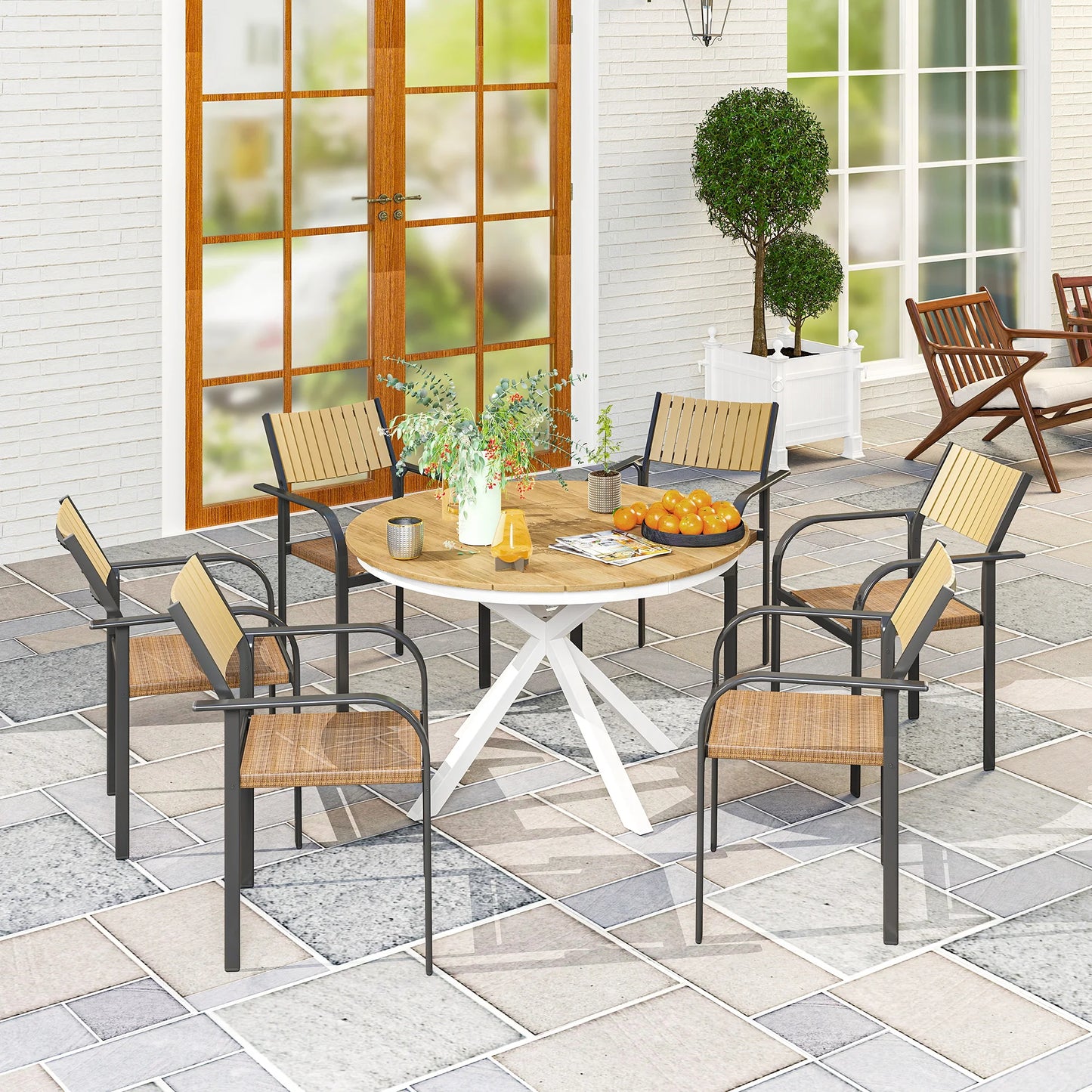 Ronde Tuinset Tafel – Buitentafel – Balkon Tafel – Tuinmeubel – Aluminium Tafel – Teak Kleurig Blad – Verstelbare Poot - QUORE