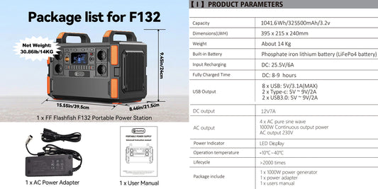 FF Flashfish F132 Lifepo4 Solar Generator 1000W Portable Power Station 1041.6Wh LEP Power Bank Battery USB Type-C AC for Home - QUORE