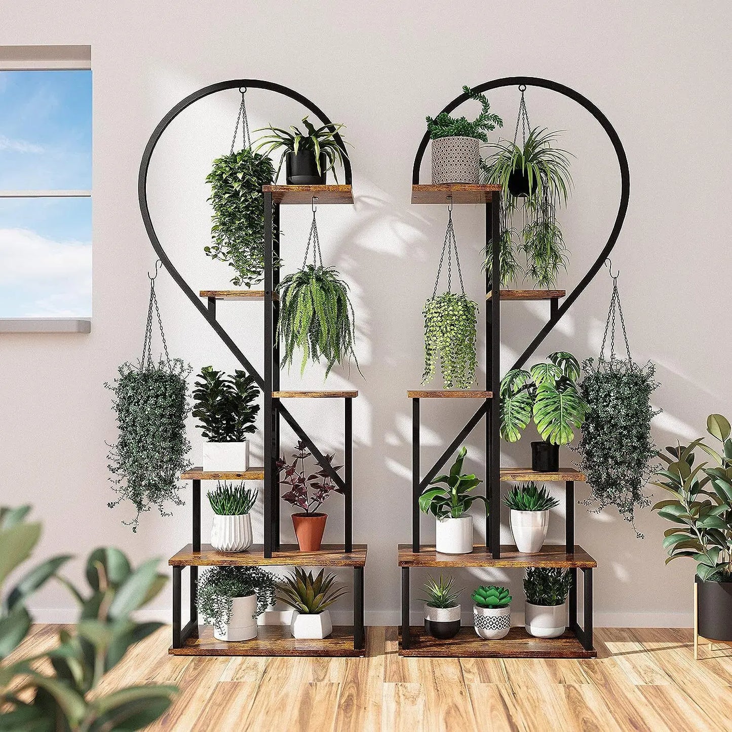 Plantenstandaard Binnen - Half Hartvorm - Plantenrek - Industrieel Plantenrek - Bloemenrek - 165cm Hoog - voor Binnen & Buiten – Metaal en MDF - voor 20 Potten