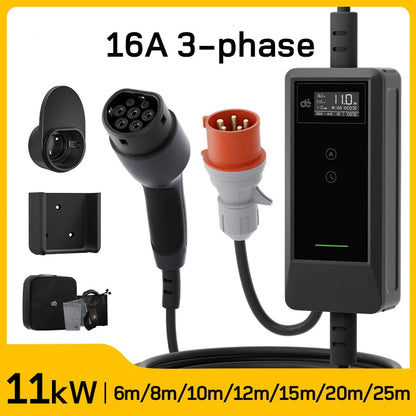 Draagbare Ev-Lader – Mobiele Laadkabel – Elektrische Auto Lader – Type 2 Laadkabel – 25 Meter Kabel – 11KW Vermogen – Instelbare Laadstroom 6-16A