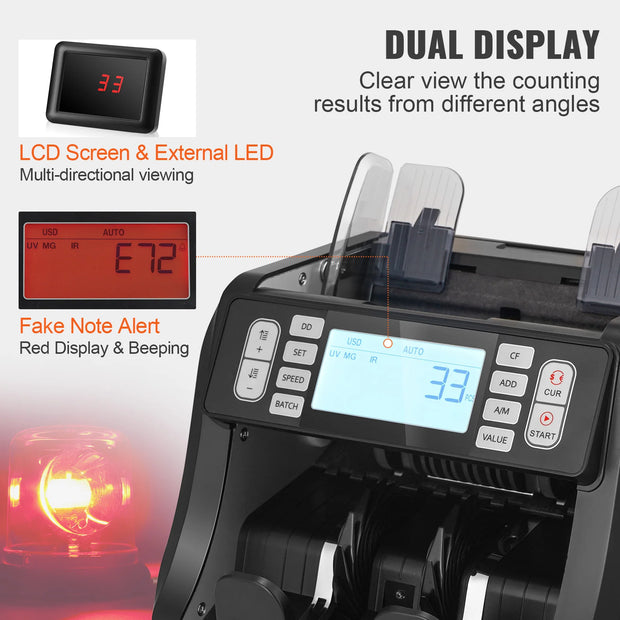 Geldtelmachine - 1200 Biljetten/Min - Valsgelddetectie (UV/MG/IR/DD) - LCD & LED Display - Automatische Teller - voor Bank en Bedrijf - Zwart