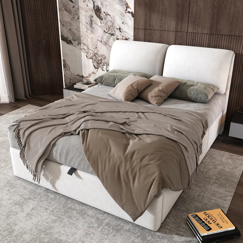 Velours Bed – Modern Bed – Opbergbed – Eenpersoonsbed – Slaapbed – 140x190 cm – Hydraulisch Opbergvak - Beige