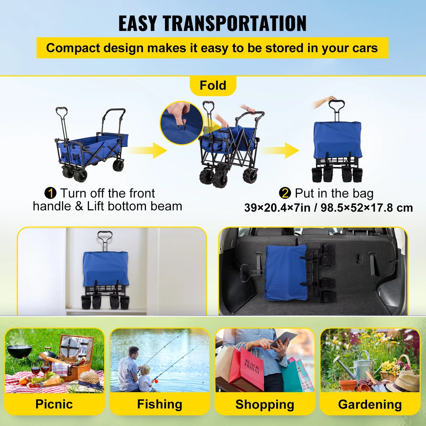 Bolderwagen – Opvouwbare Bolderkar – Transportwagen – Pickupkar – Laadvermogen 100 Kg – 600D Oxford Polyester - Blauw