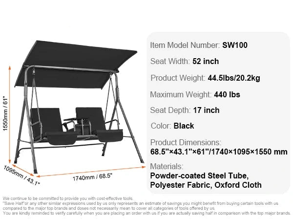 Schommelbank - Schommelbanken - Tuinschommel - Hangbank - 3 Persoons - met Verstelbaar Zonneluifel - 528 kg Draagkracht - Tuinmeubelen - Weerbestendig Staal - Outdoor - Swing Stoel - voor Balkon - Tuin of Terras - Zwart