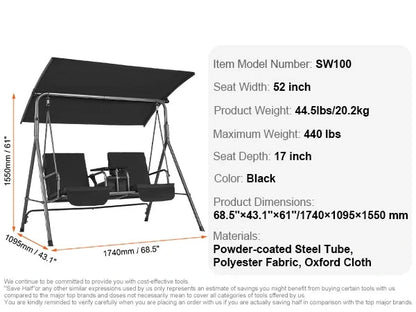 Schommelbank - Schommelbanken - Tuinschommel - Hangbank - 3 Persoons - met Verstelbaar Zonneluifel - 528 kg Draagkracht - Tuinmeubelen - Weerbestendig Staal - Outdoor - Swing Stoel - voor Balkon - Tuin of Terras - Zwart