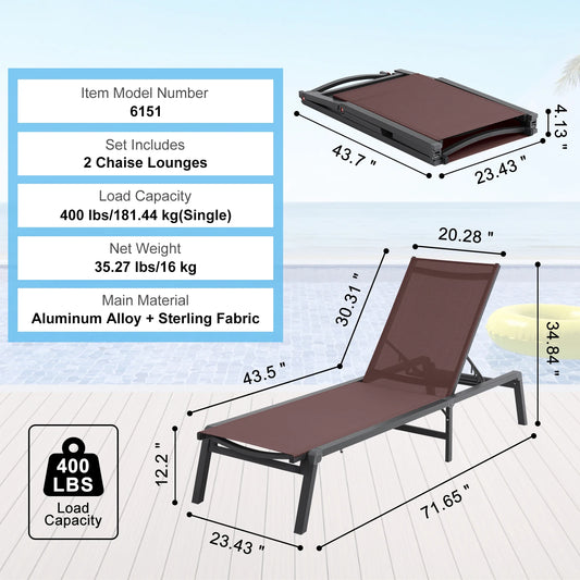 Ligstoel – Verstelbare Ligstoel – Tuinstoel – Strandstoel – Balkonstoel – 5 Verstelbare Standen – Lichtgewicht Aluminium Frame - Bruin - 35.27lbs