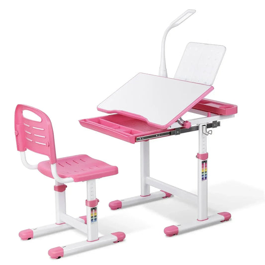 Kinderbureau – Kinderbureau Met Stoel – Verstelbaar Bureau – Studiebureau – Bureau Met LED-lamp – Ergonomisch Verstelbaar – Veilig En Stevig Design - QUORE