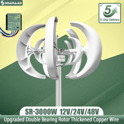 Verticale Windturbine – Compacte Windgenerator – Duurzame Energieopwekker – Kleine Windmolen – 3000W Vermogen – Drie Gebogen Bladen