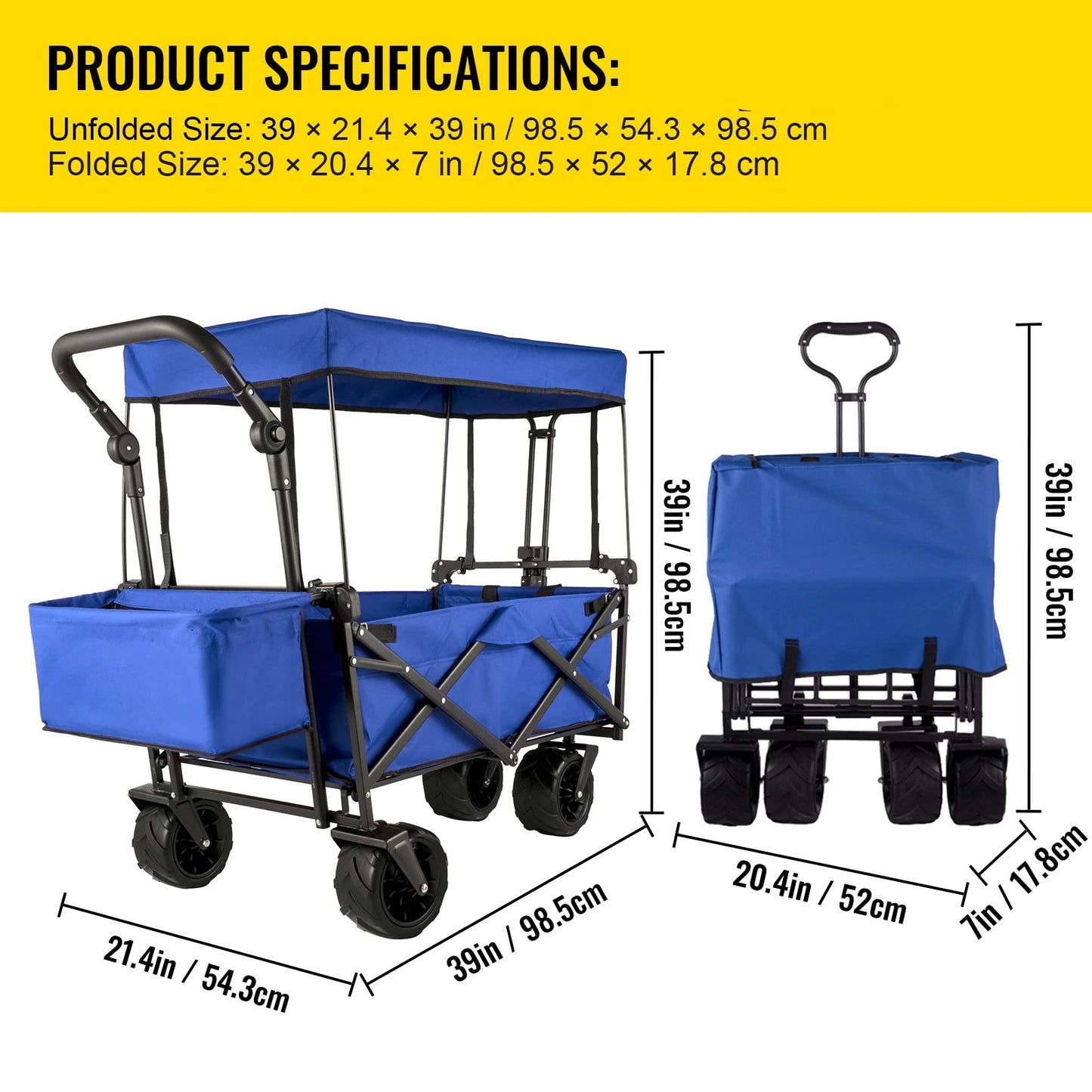 Tuinkar – Opvouwbare - met Dak - Boodschappen - Transport - Wagen - Strand - Bolder - All-Terrain Wielen - Zonbescherming - Heavy-duty - Draagbare - 100kg - Blauw
