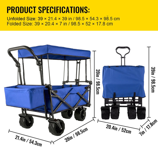 Tuinkar – Opvouwbare - met Dak - Boodschappen - Transport - Wagen - Strand - Bolder - All-Terrain Wielen - Zonbescherming - Heavy-duty - Draagbare - 100kg - Blauw
