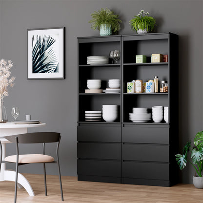 Boekenkast - Kast - Hoge Kasten - Boekenkasten - Boekenrek - Opbergkast met 3 Laden en 3 Planken - Vrijstaande Opbergkast - voor Woonkamer - Zwart - QUORE