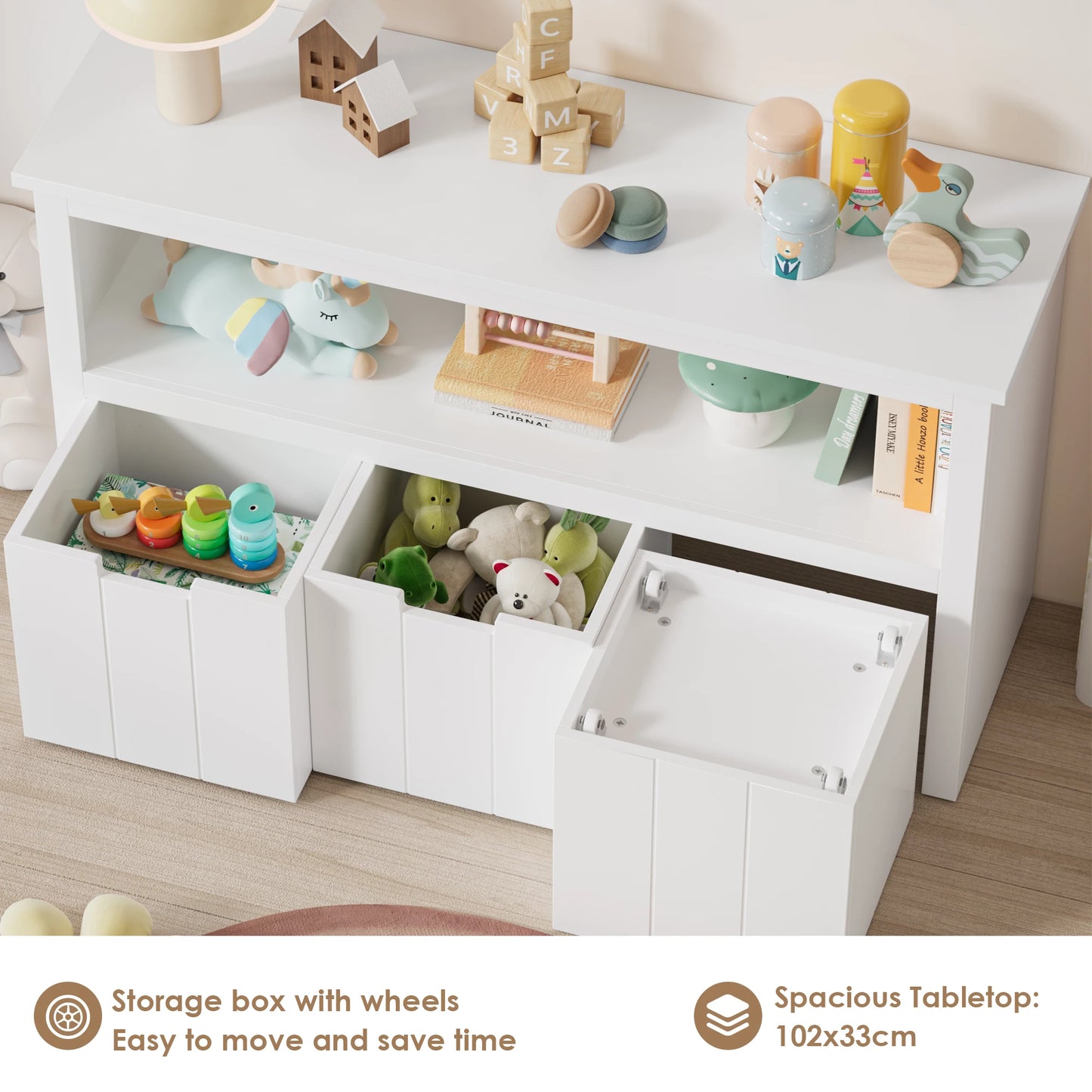 Speelgoedkast voor kinderen - commode met 3 laden - speelgoedorganizer voor kinderkamer en woonkamer - houten opbergkast (wit - 102 x 33 x 62 cm)