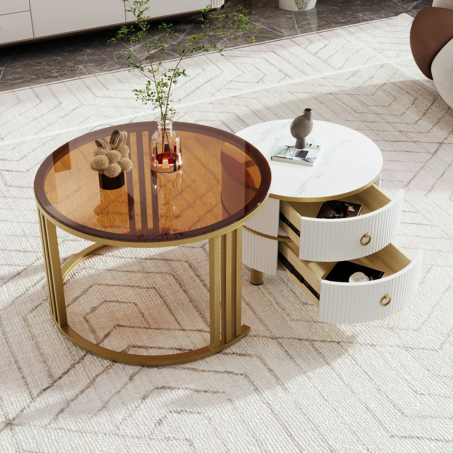 2-in-1 Salontafel – Ronde Tafel – Bijzettafel – Woonkamertafel – Koffietafel – Hoogglans Wit en Bruin – 2 Laden – Compact en Stabiel Design